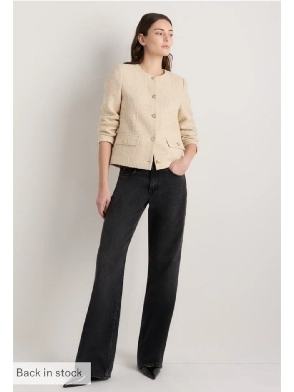 Quince Womens Size Large Stretch Tweed Collarless Jacket Ivory Coast Long Sleeve - Picture 13 of 16